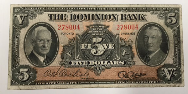 Photo 12 1938 canada five dollar bill