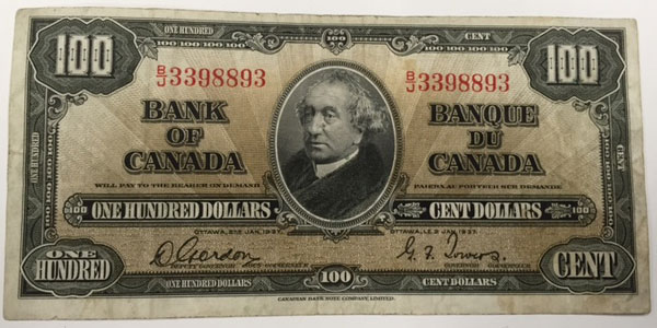 Photo 1 1937 canada one hundred dollar bill