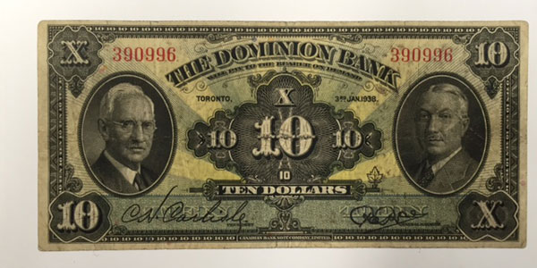 Photo 10 1938 canada ten dollar bill