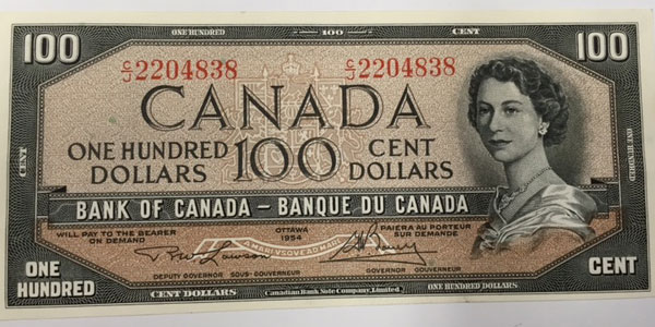 Photo 2 1954 canada one hundred dollar bill
